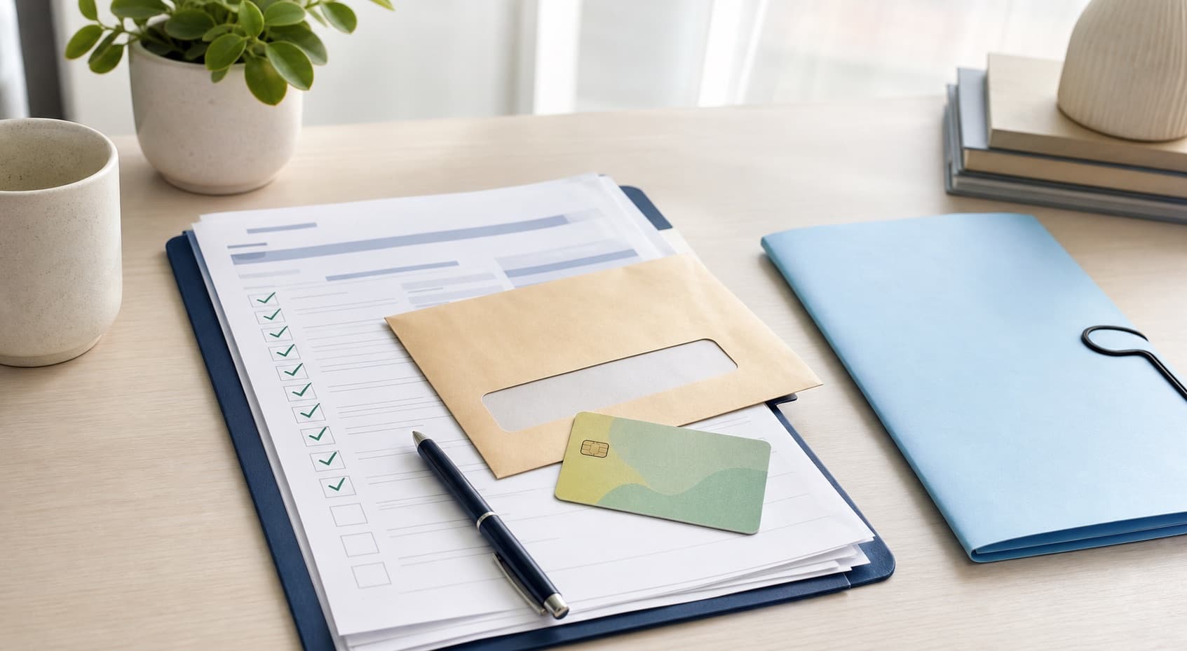 Organized paperwork, checklist, envelope, pen, and a generic card on a light desk